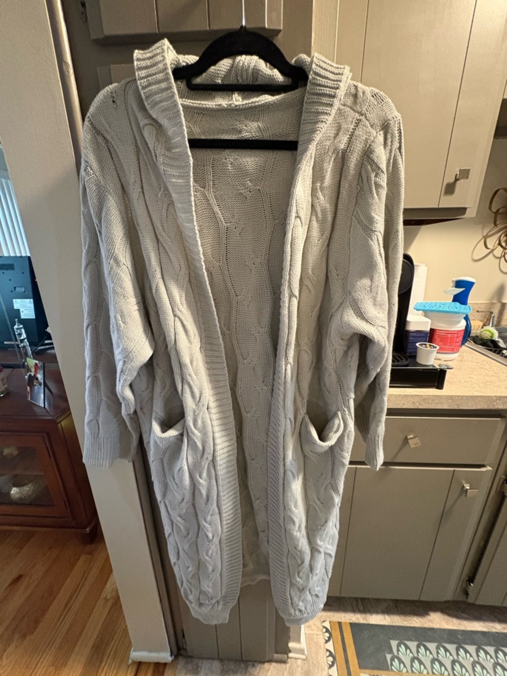 Hooded Open Cable-Knit Long Cardigan Sweater - Light Grey